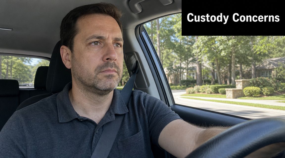 A concerned father driving his car while thinking about child custody issues, viewed from the passenger seat.