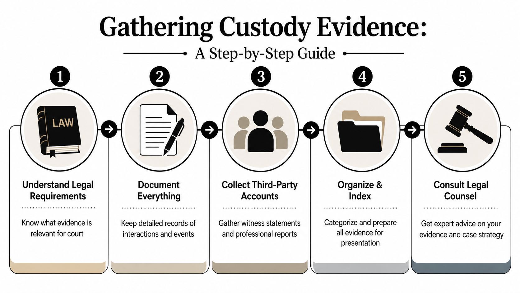 A five-step guide infographic for gathering evidence required in child custody legal proceedings.