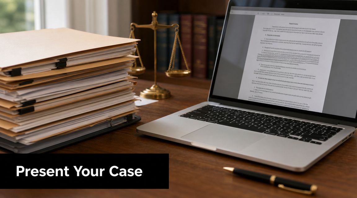A stack of legal documents and a laptop on a desk with a scale of justice