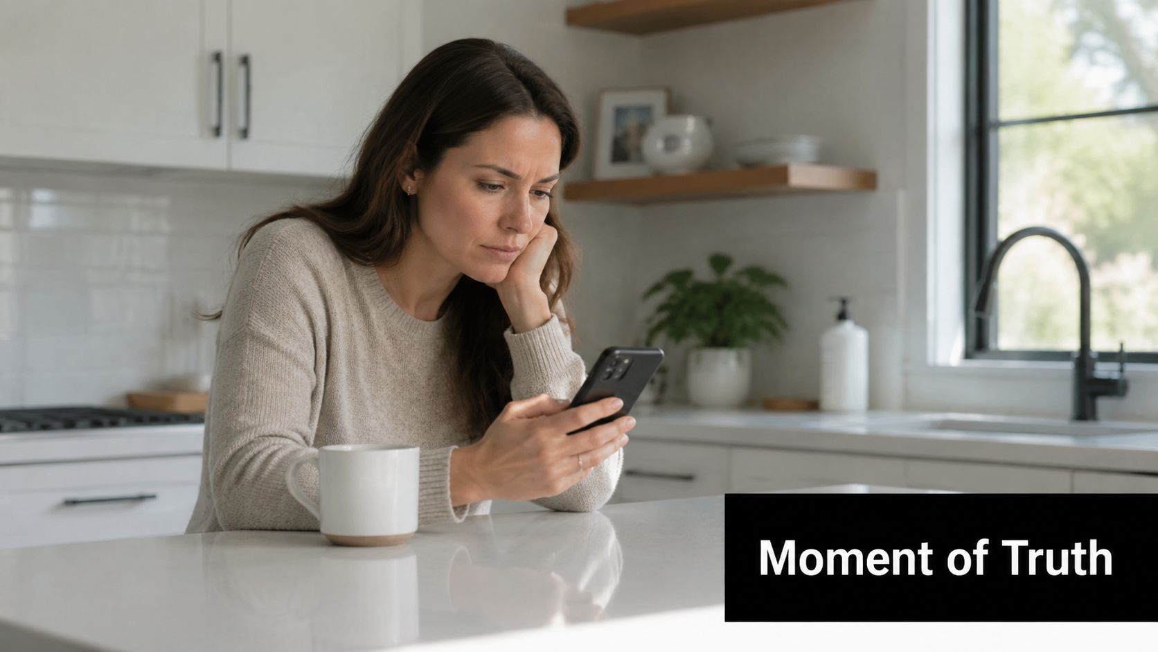 A concerned woman sitting at a white kitchen counter while looking at her smartphone with worry.