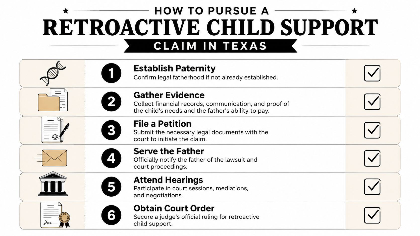 A six-step infographic detailing the legal process for pursuing retroactive child support claims in Texas.