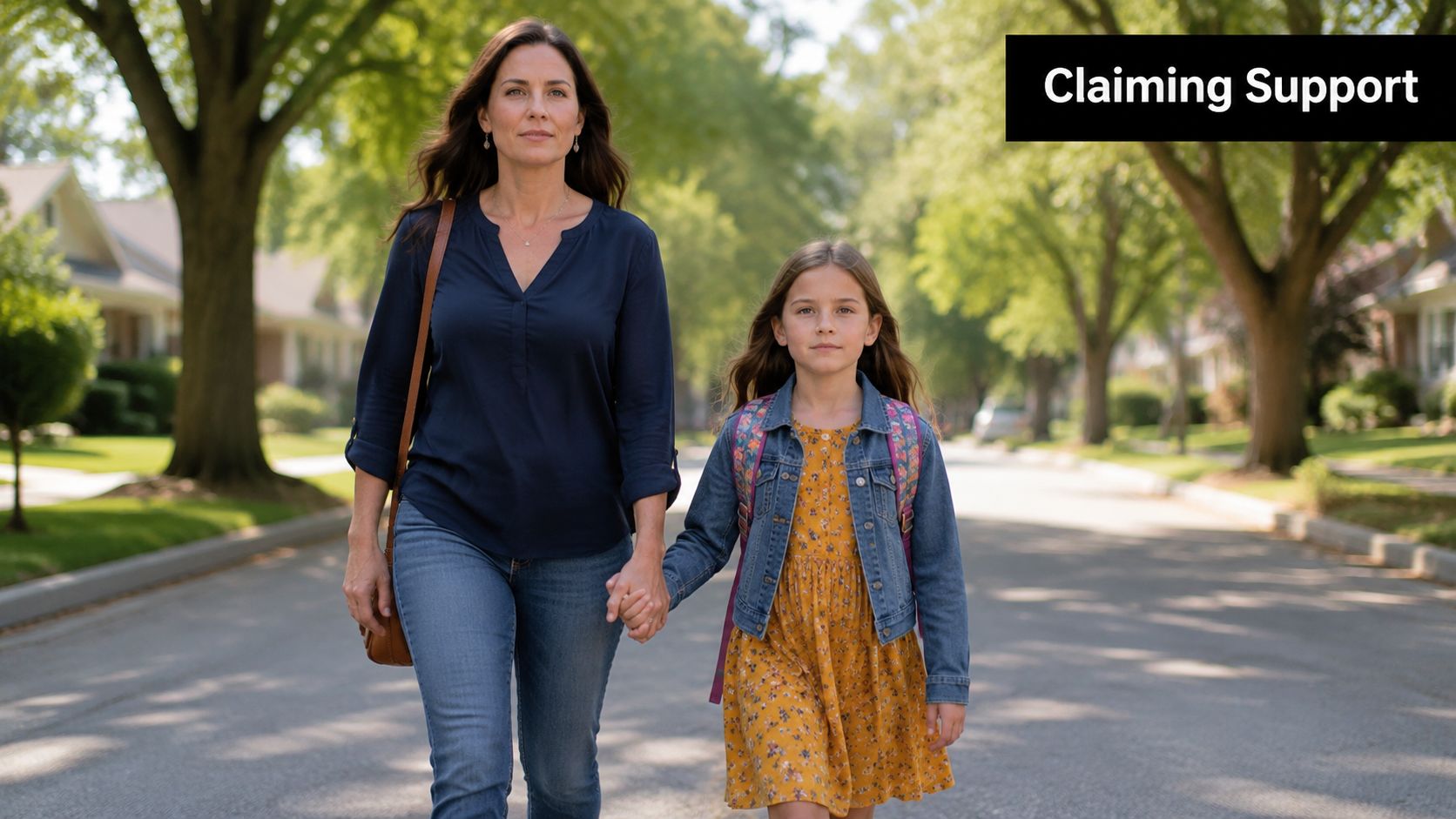 A woman and a young girl holding hands walking down a quiet suburban street together.