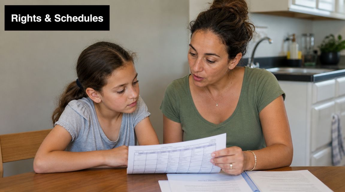 A woman and a young girl reviewing a printed child custody schedule together at a kitchen table.