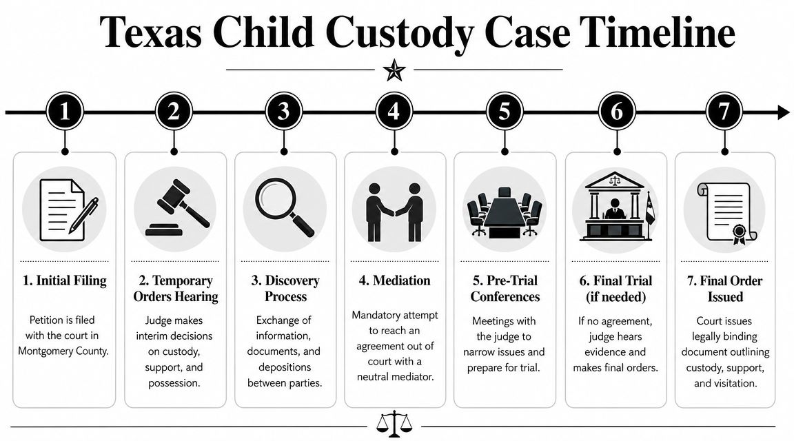 A seven-step infographic timeline detailing the standard legal process for Texas child custody cases.