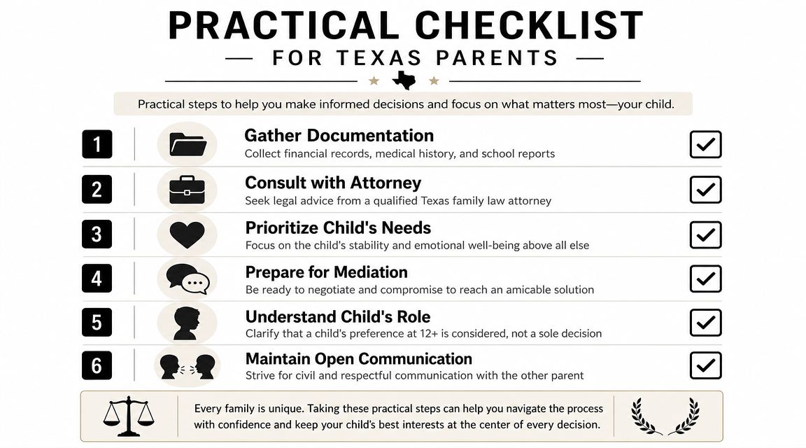 A checklist for Texas parents outlining steps for navigating child custody matters and legal processes effectively.