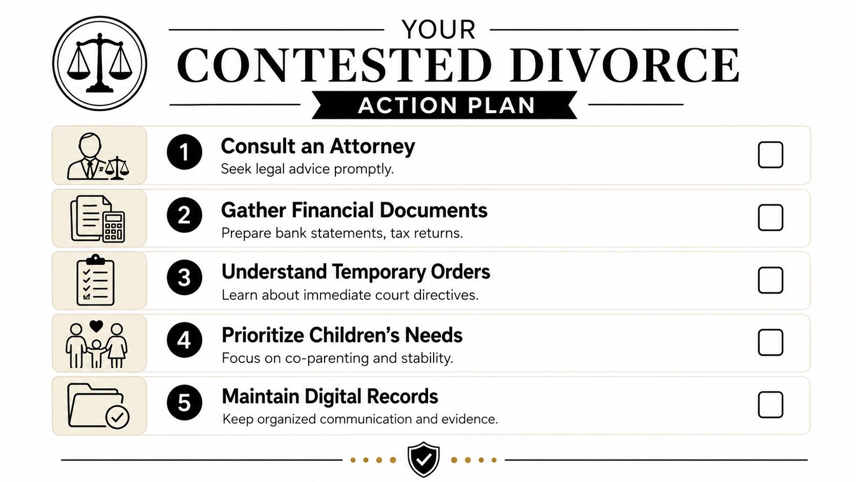 A checklist infographic titled Your Contested Divorce Action Plan featuring five essential legal and personal preparation steps.