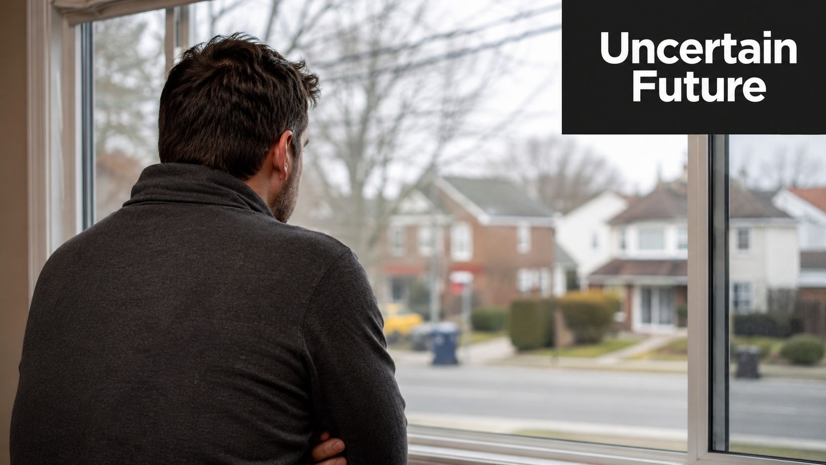 A man looks out a window at a suburban street, contemplating the challenges of a contested divorce.
