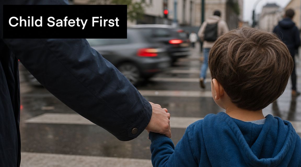 A parent holds a young child's hand while standing at a street crossing for road safety.