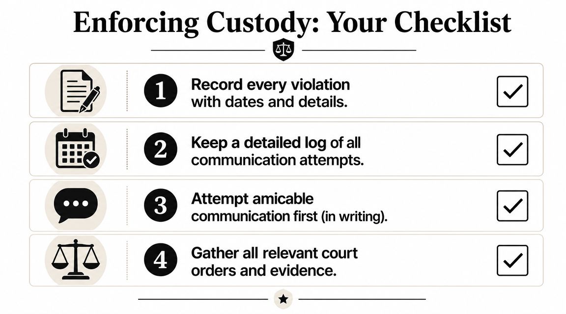 A checklist infographic titled Enforcing Custody outlining four essential steps to handle child custody order violations.