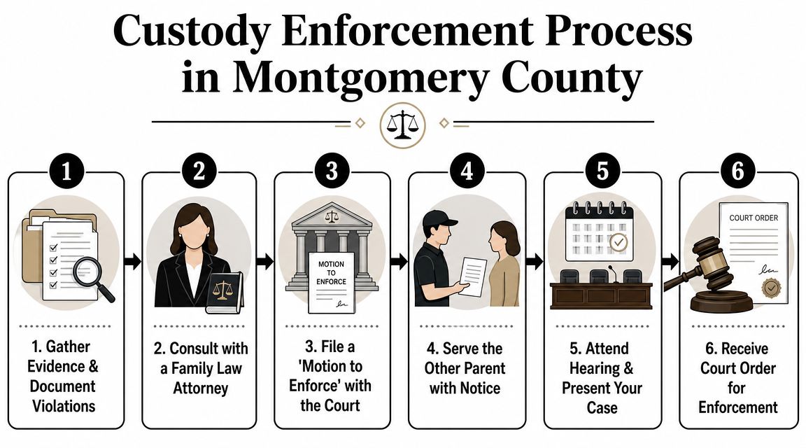 A six-step infographic detailing the legal process for enforcing a child custody order in Montgomery County.