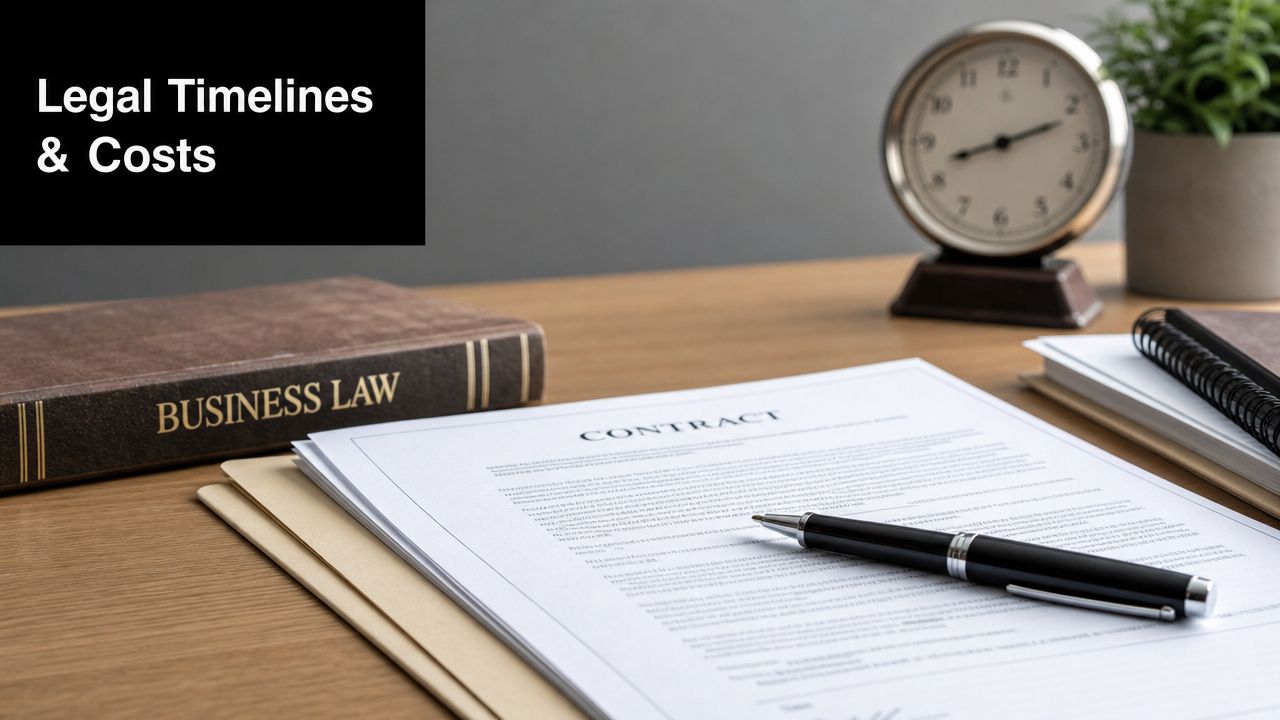 A professional desk setting featuring a business law book, a contract document, and a pen for legal tasks.