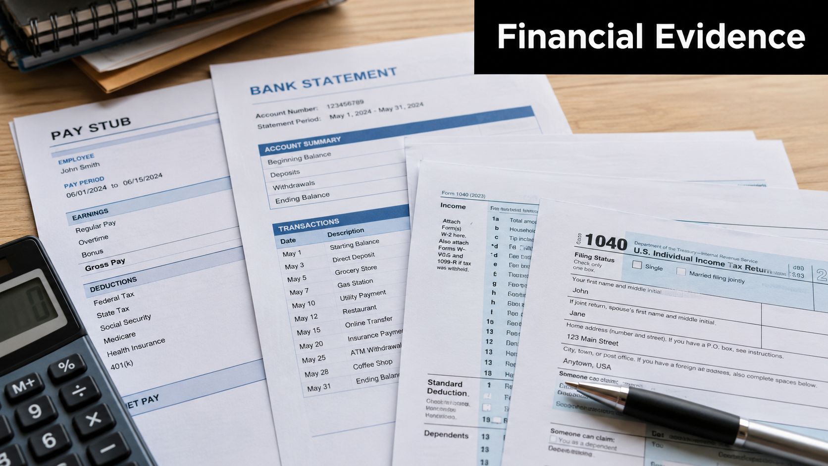 Financial documents including a bank statement, pay stub, and tax form spread across a wooden desk.