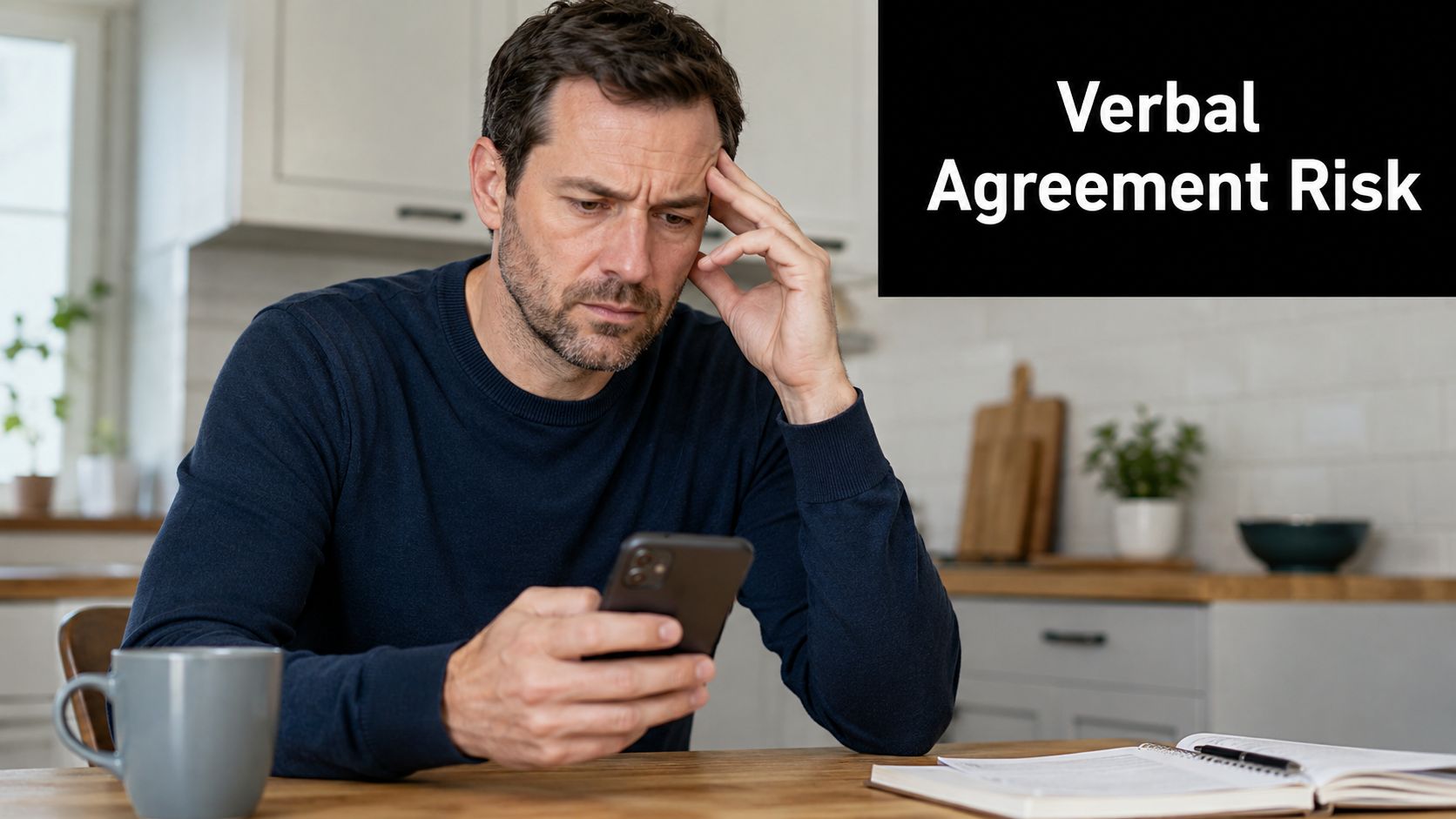 A concerned man holding his smartphone, illustrating the stress of potential verbal agreement risks.