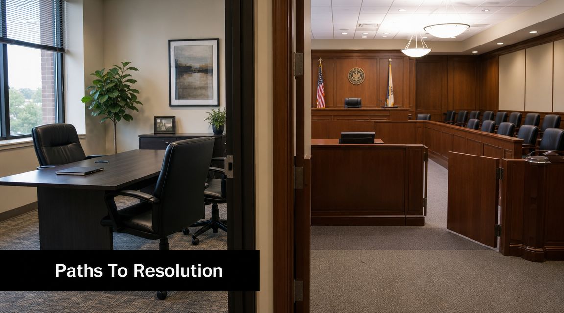 A split view showing a professional office interior next to a formal courtroom with wooden furnishings.