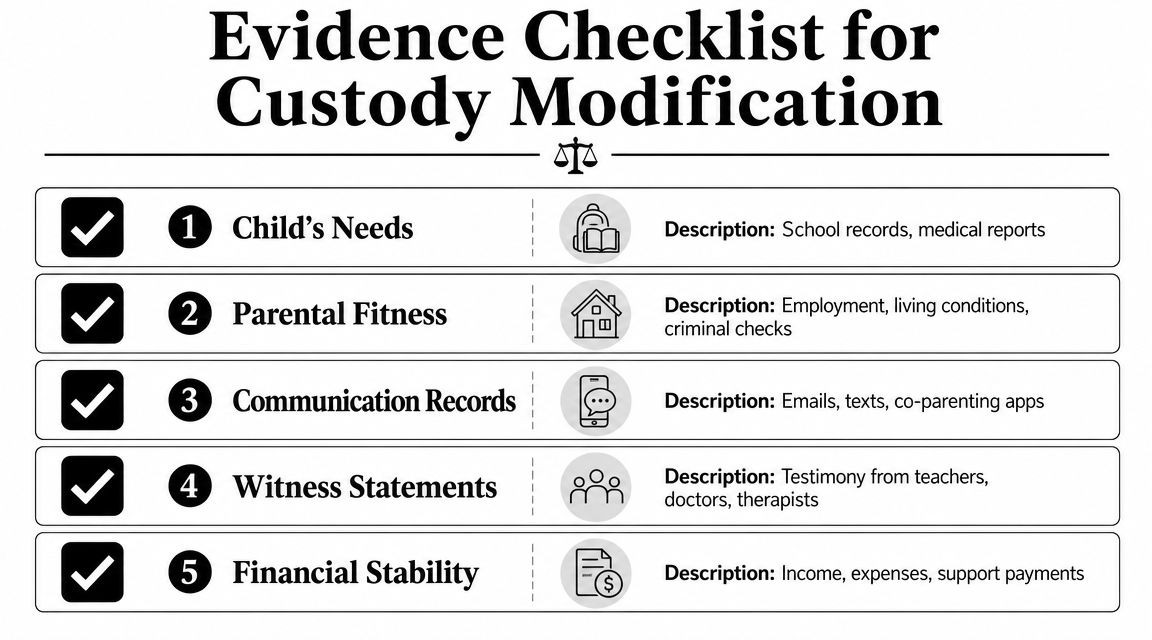 A checklist for custody modification highlighting essential evidence like child needs, parental fitness, and financial records.