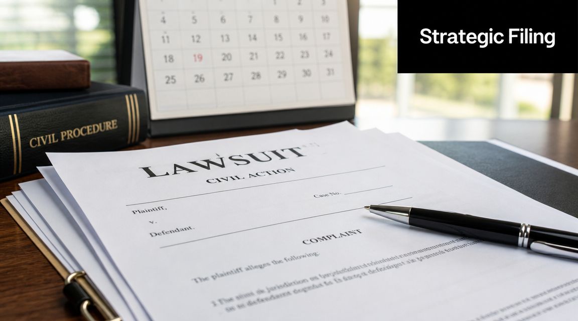 A legal lawsuit document with a fountain pen resting on top, placed next to a law book.
