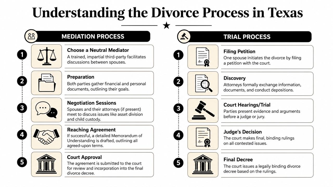 A flowchart infographic comparing the mediation process and the trial process for divorce cases in Texas.