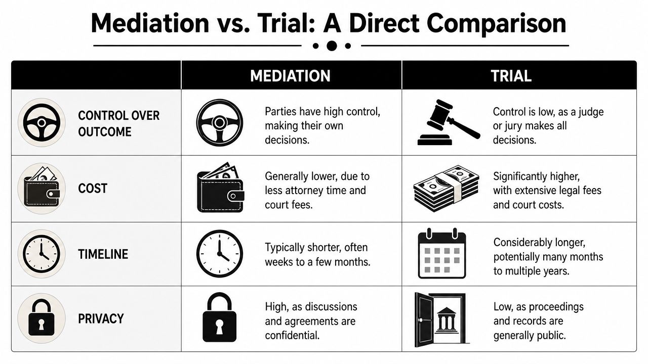 A comparison chart outlining the differences between mediation and trial regarding control, cost, timeline, and privacy.