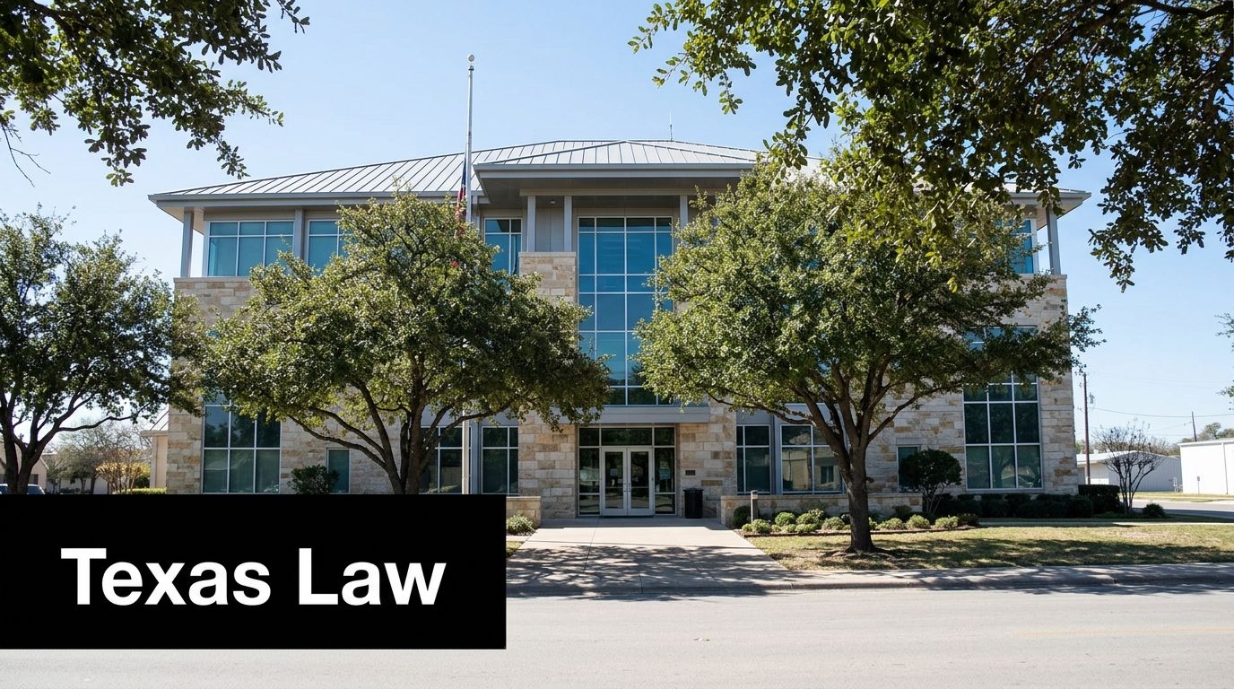 A modern stone building with large glass windows and green trees in front, representing Texas law.