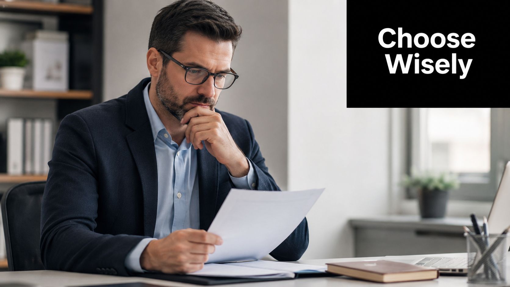 A professional man in a business suit reviewing important legal documents in his modern office environment.