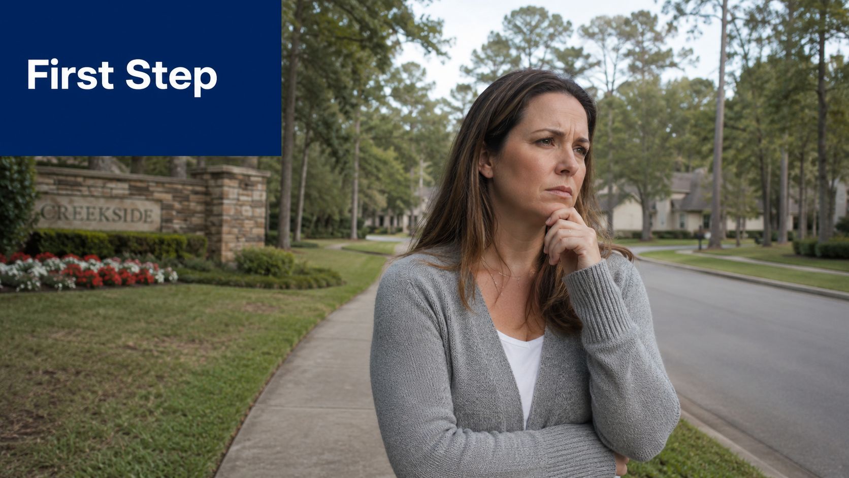 A pensive woman standing near a Creekside neighborhood entrance sign contemplating a major life decision.
