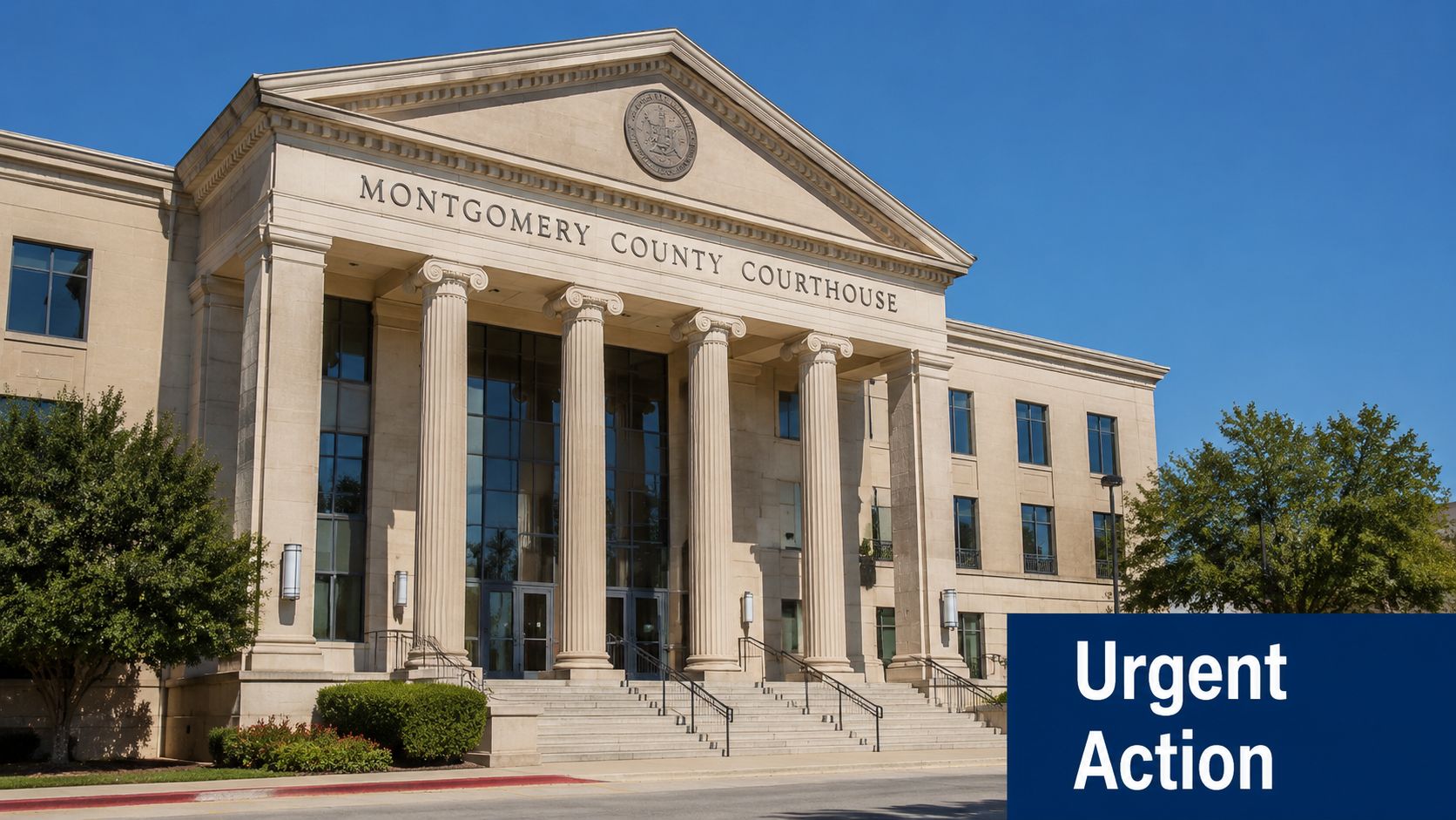 The exterior front facade of the Montgomery County Courthouse building under a clear blue sky.