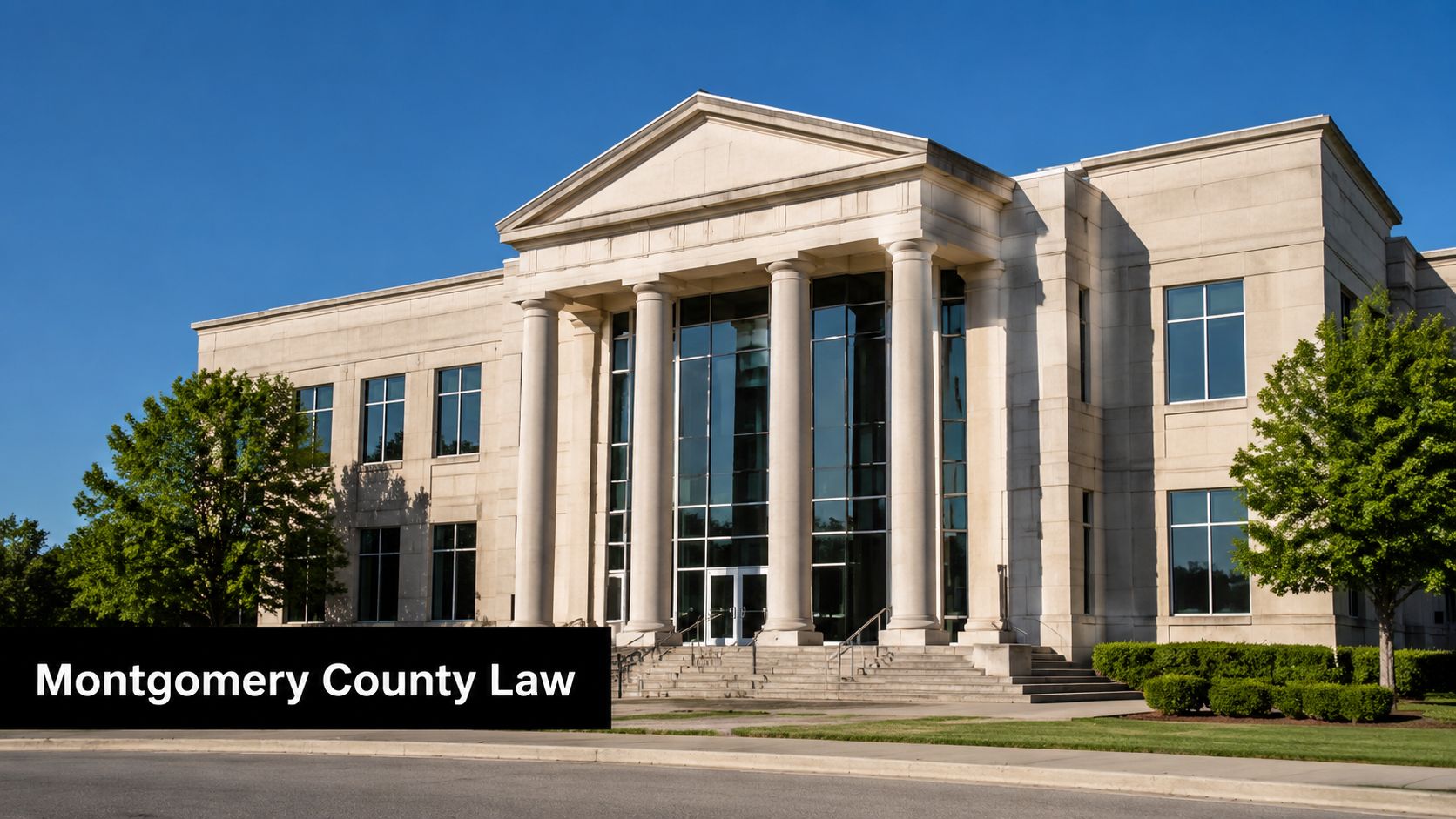 Exterior view of the grand Montgomery County law courthouse building featuring columns and glass architecture.