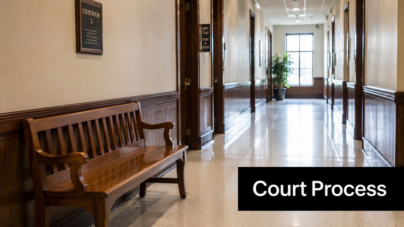 A long, quiet courthouse hallway featuring a wooden bench and doors leading to various courtrooms.