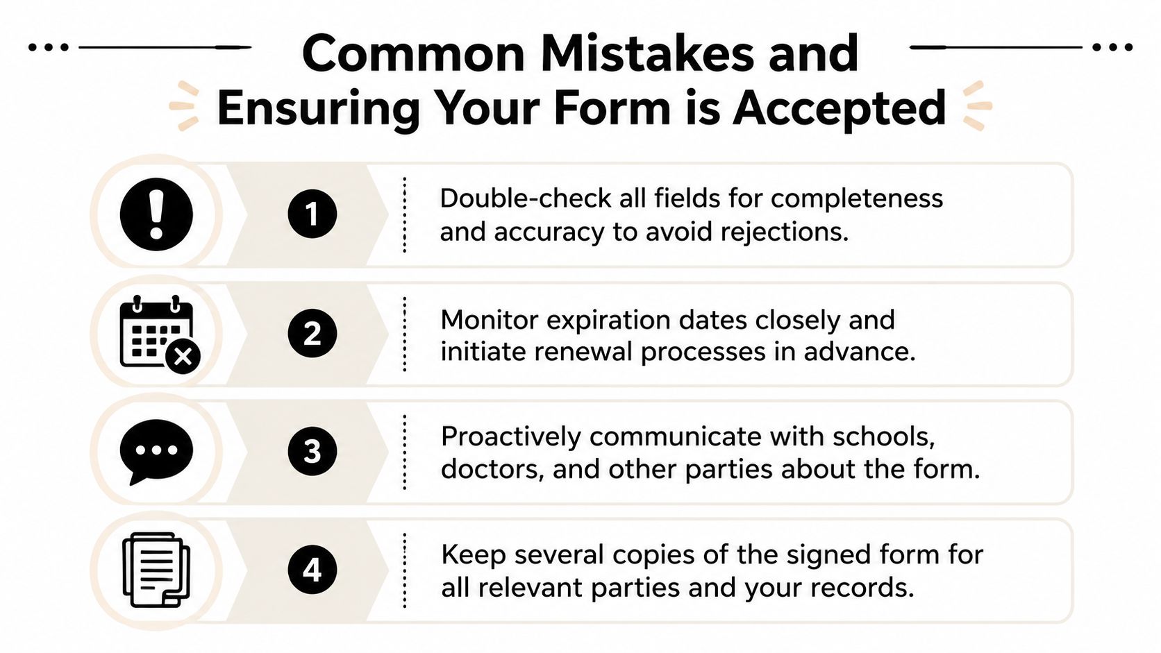 An infographic titled Common Mistakes and Ensuring Your Form is Accepted with four actionable numbered tips.