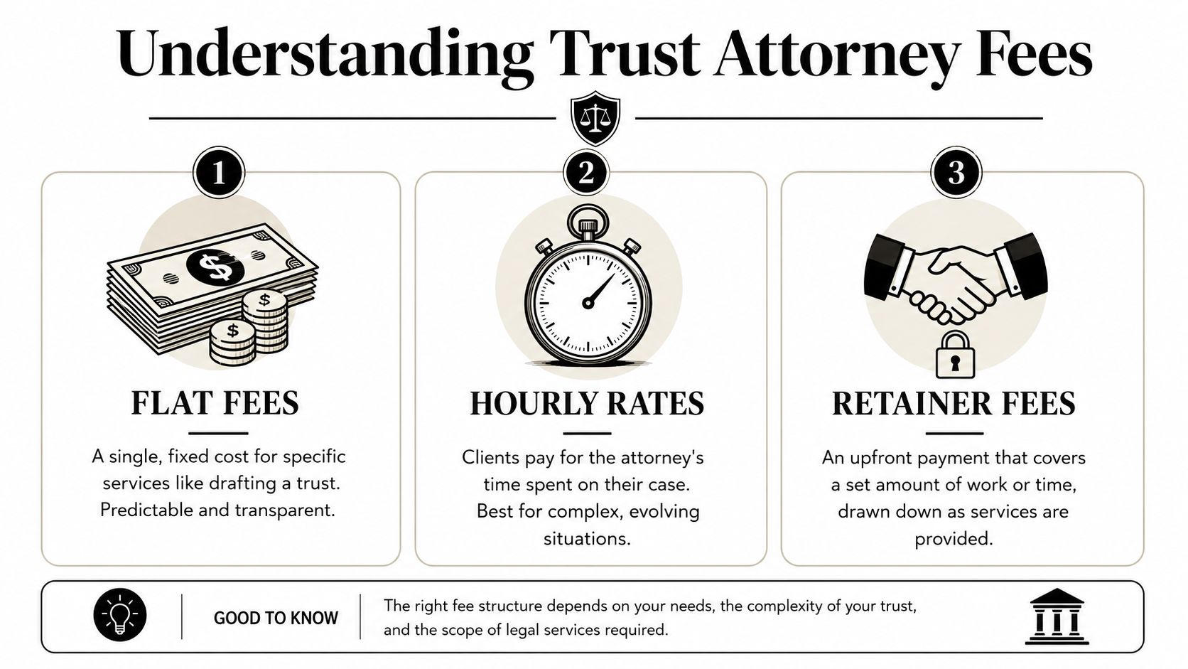An infographic titled Understanding Trust Attorney Fees, explaining flat fees, hourly rates, and retainer fee structures.