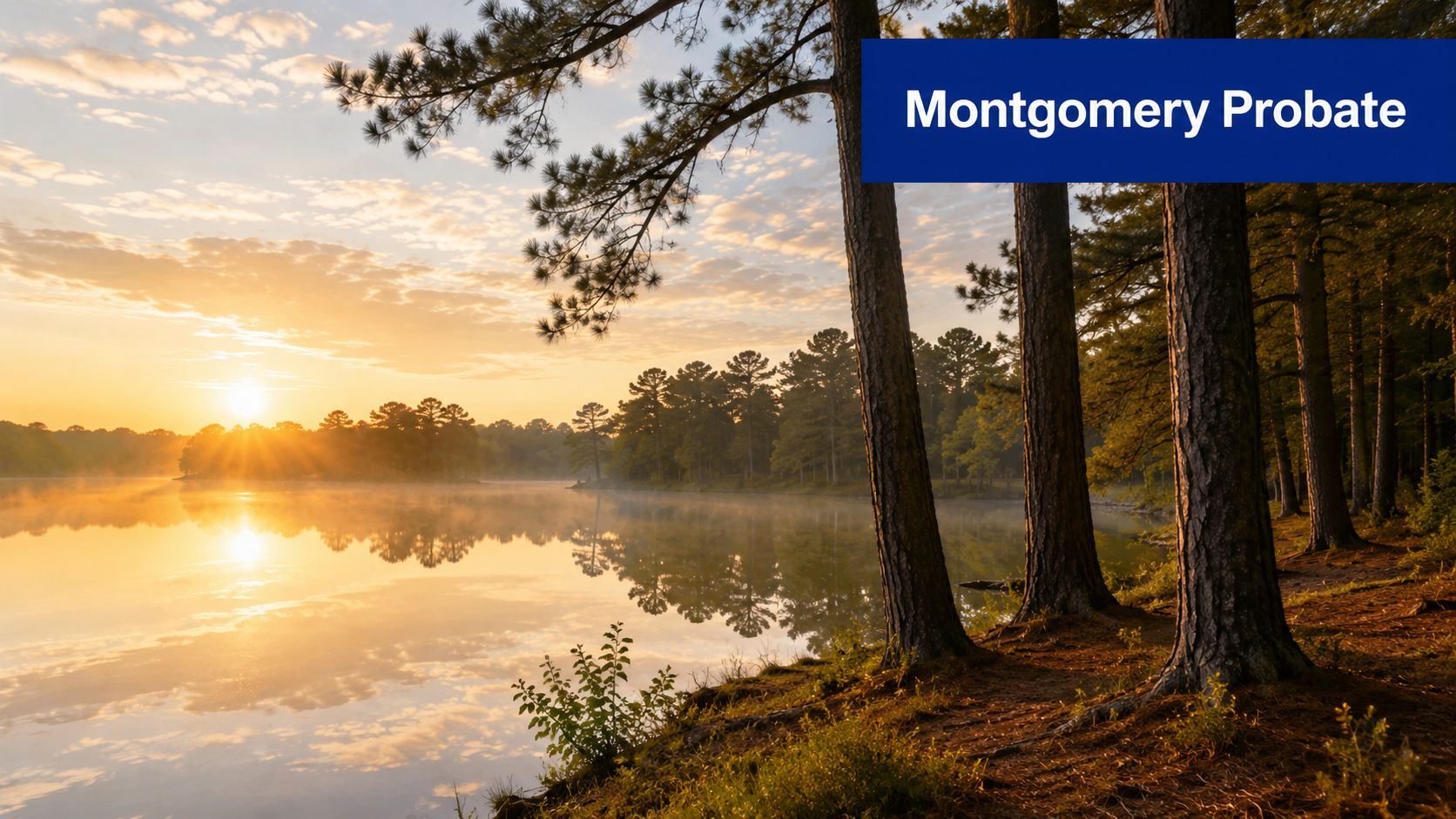 A serene sunrise over a calm lake bordered by tall pine trees in a tranquil forest setting.