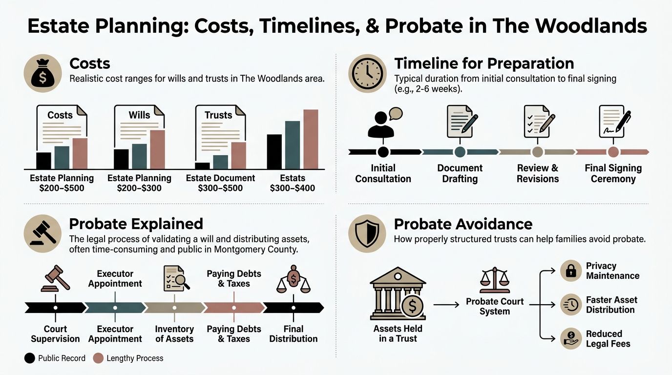 An infographic detailing estate planning costs, timelines, probate procedures, and trust benefits in The Woodlands area.