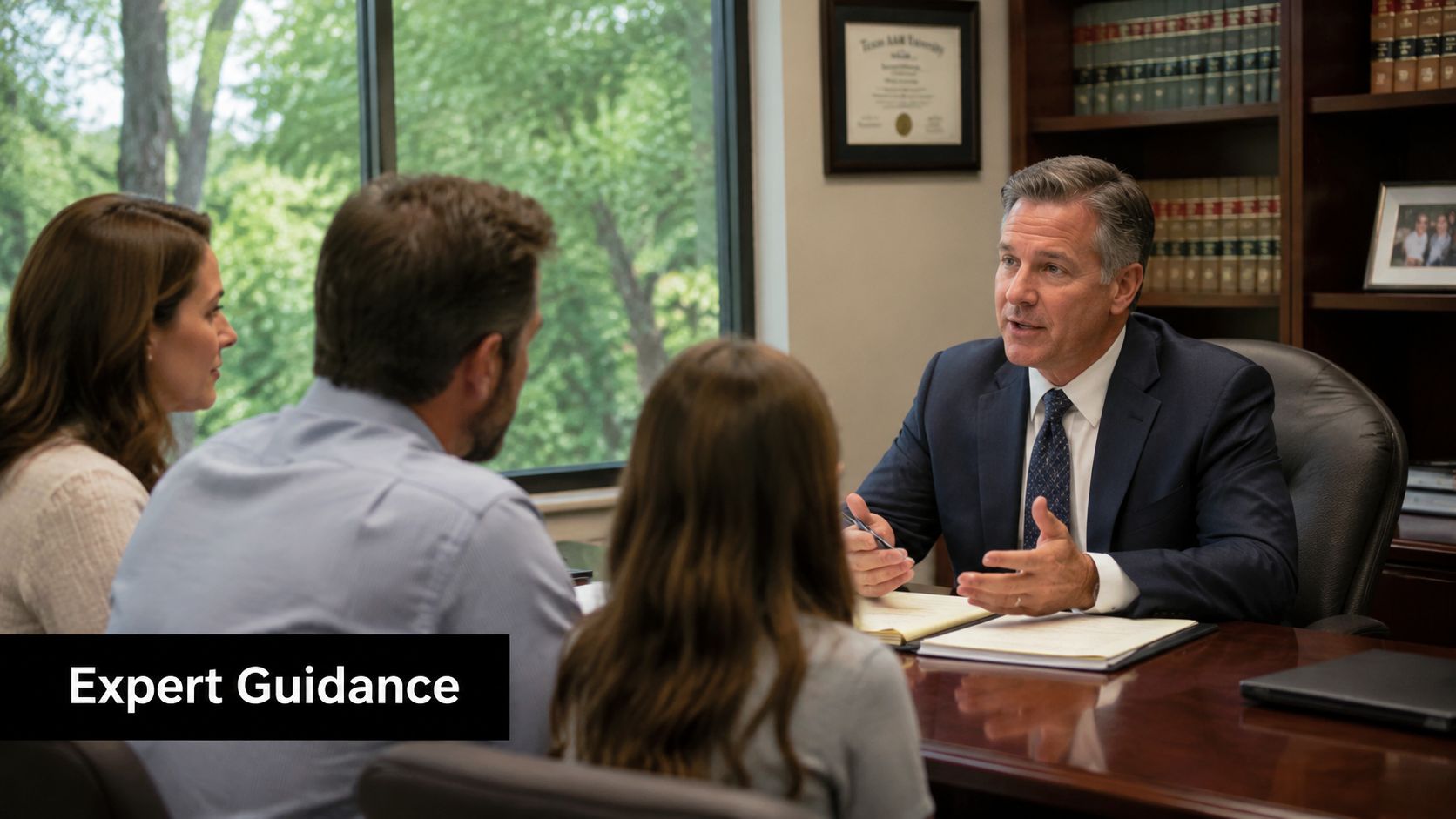 A professional lawyer providing expert legal guidance to a family during a consultation in his office.