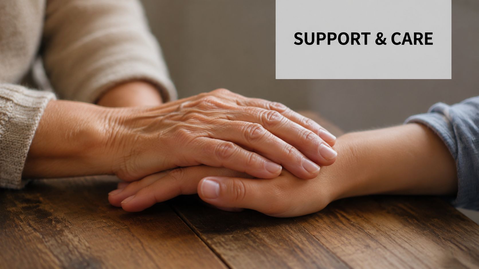A caring younger person gently holds the hand of an elderly person for emotional support and comfort.