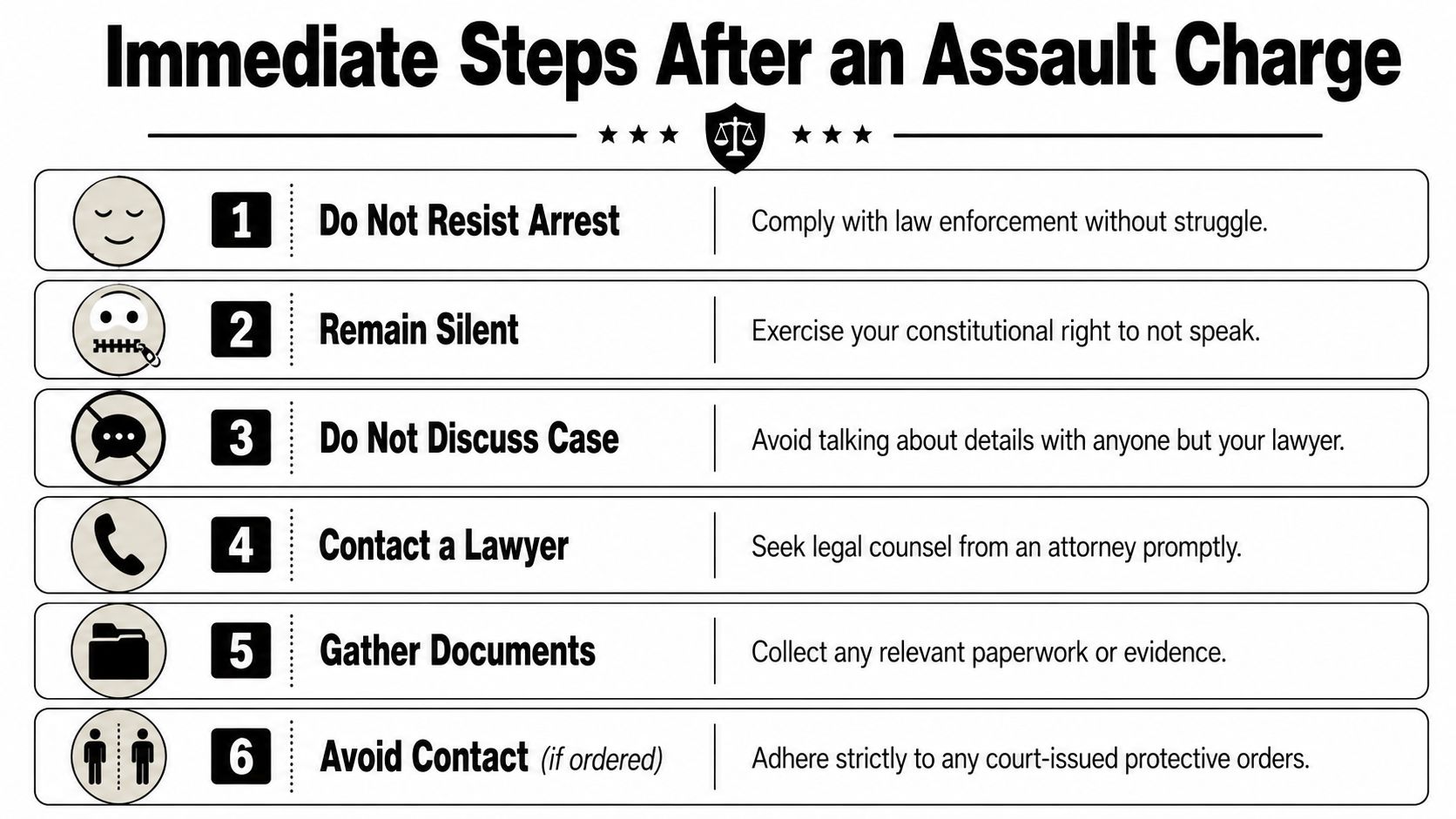 An infographic showing six immediate steps to take after receiving an assault charge, from legal counsel.