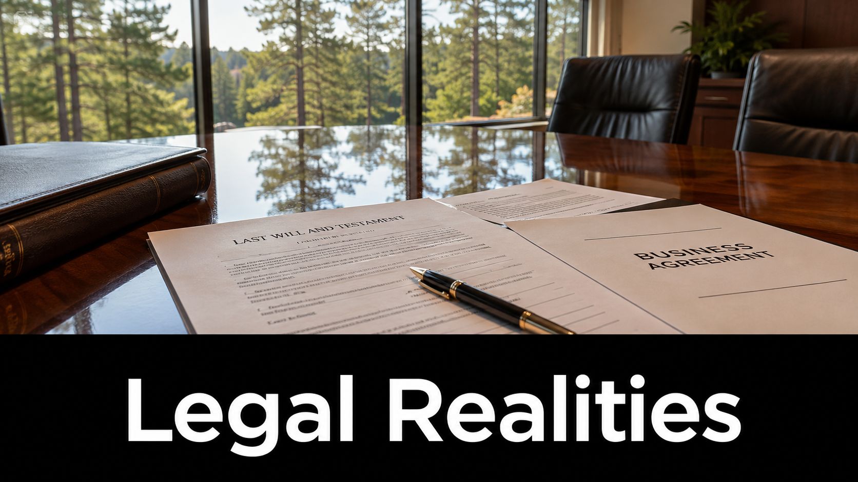 A legal Last Will and Testament and a Business Agreement document on a polished wood office desk.