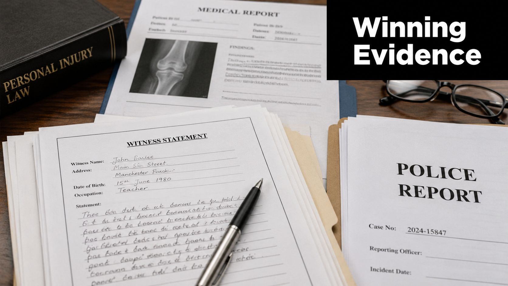 Legal documents including a police report, medical record, and witness statement arranged on a wooden desk.