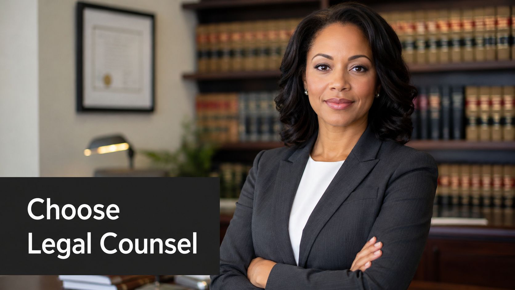 A professional female attorney standing in her law office with crossed arms.