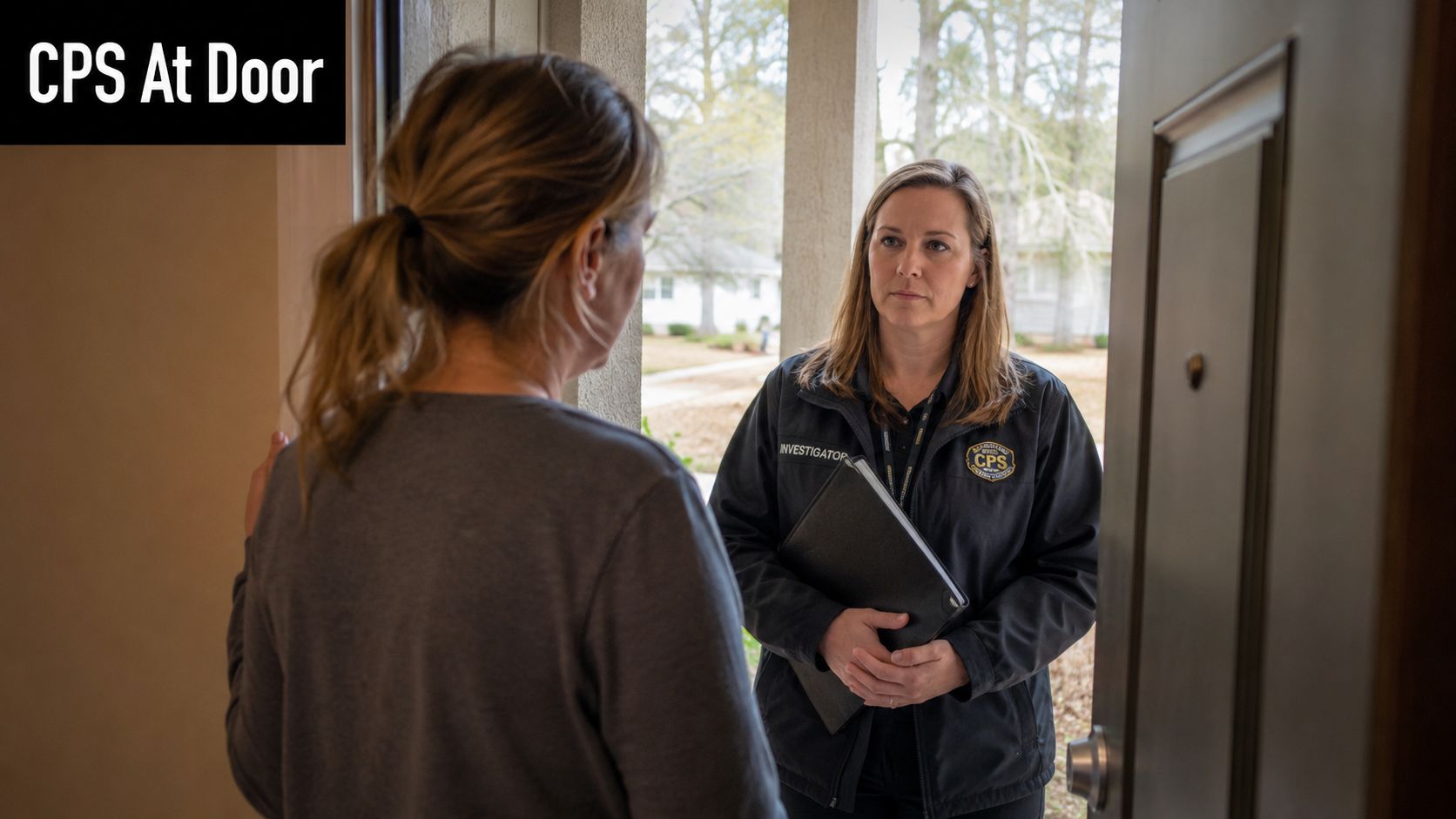 A CPS investigator standing at a front door speaking with a woman at home.