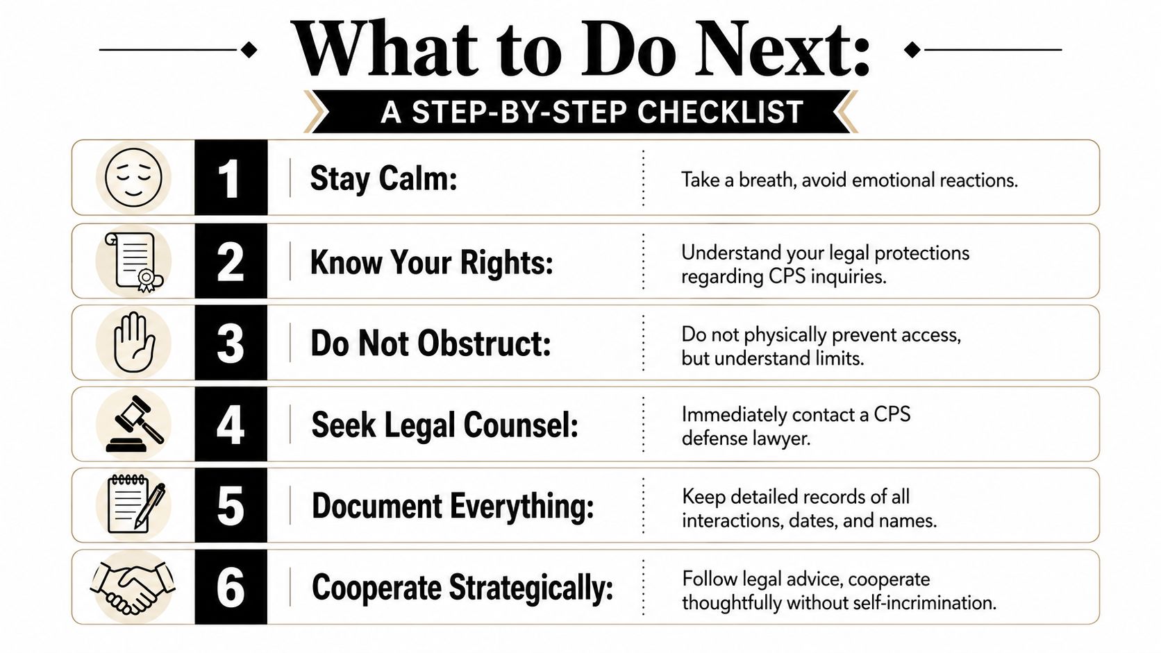 A six-step checklist for parents dealing with CPS, advising on how to handle investigations and legal rights.