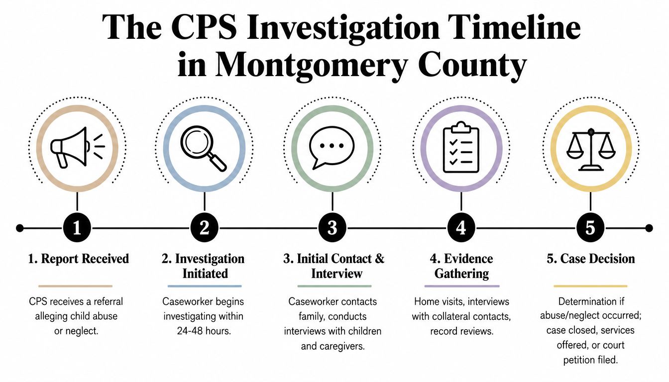 A flowchart infographic illustrating the five steps of the Child Protective Services investigation process in Montgomery County.