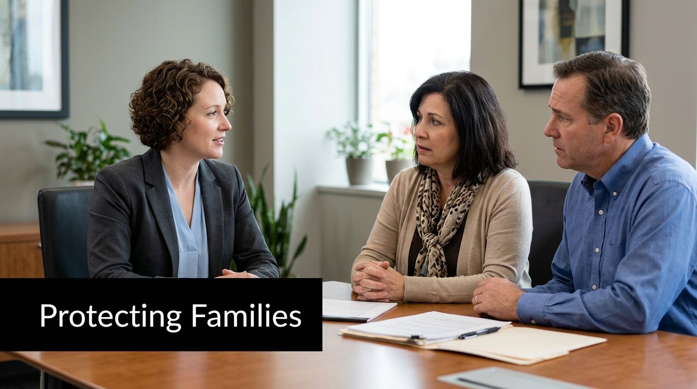 A professional woman meeting with a couple at a desk to discuss legal matters for families.