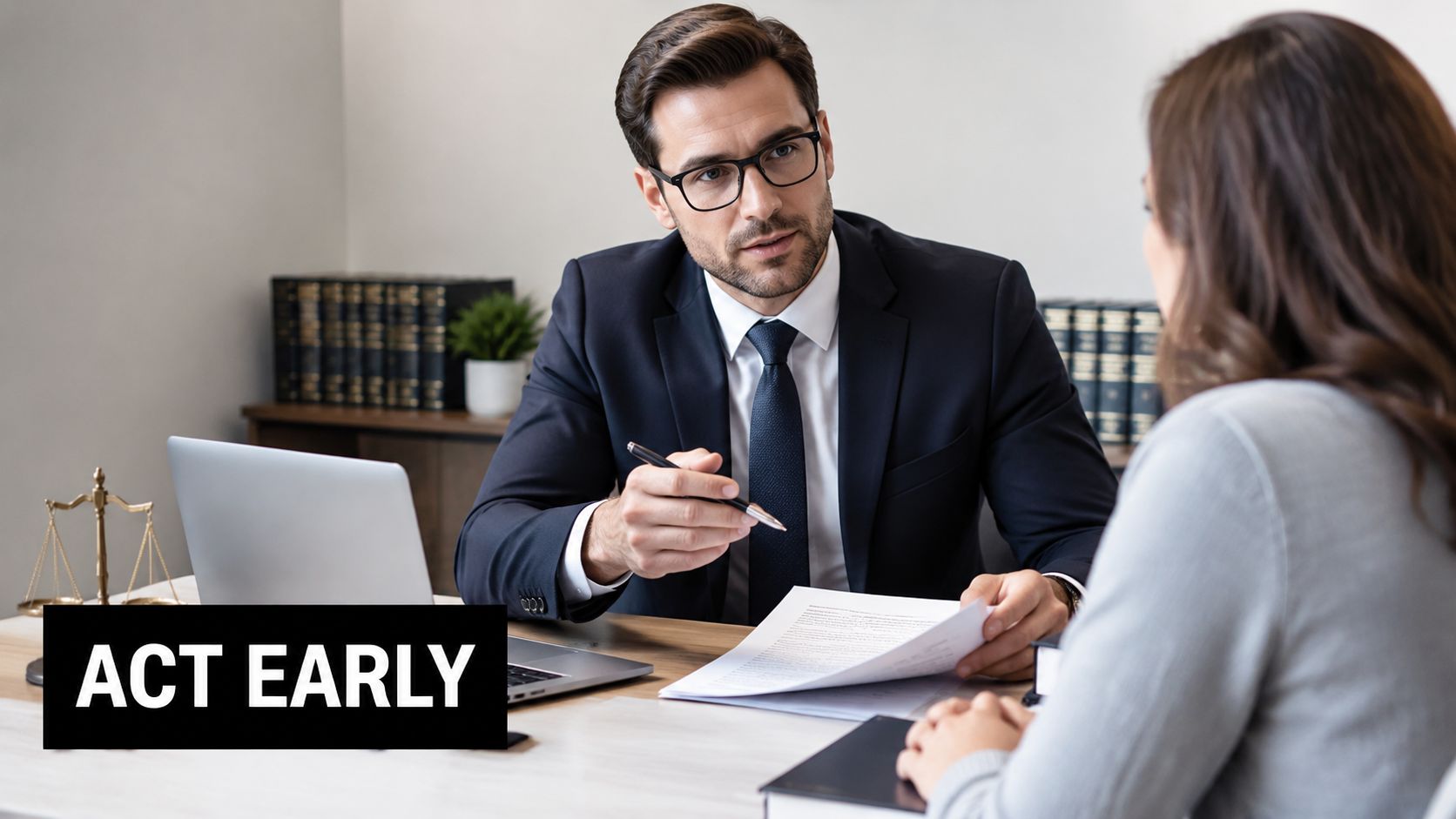 A professional male attorney in a suit discussing legal documents with a client in an office.