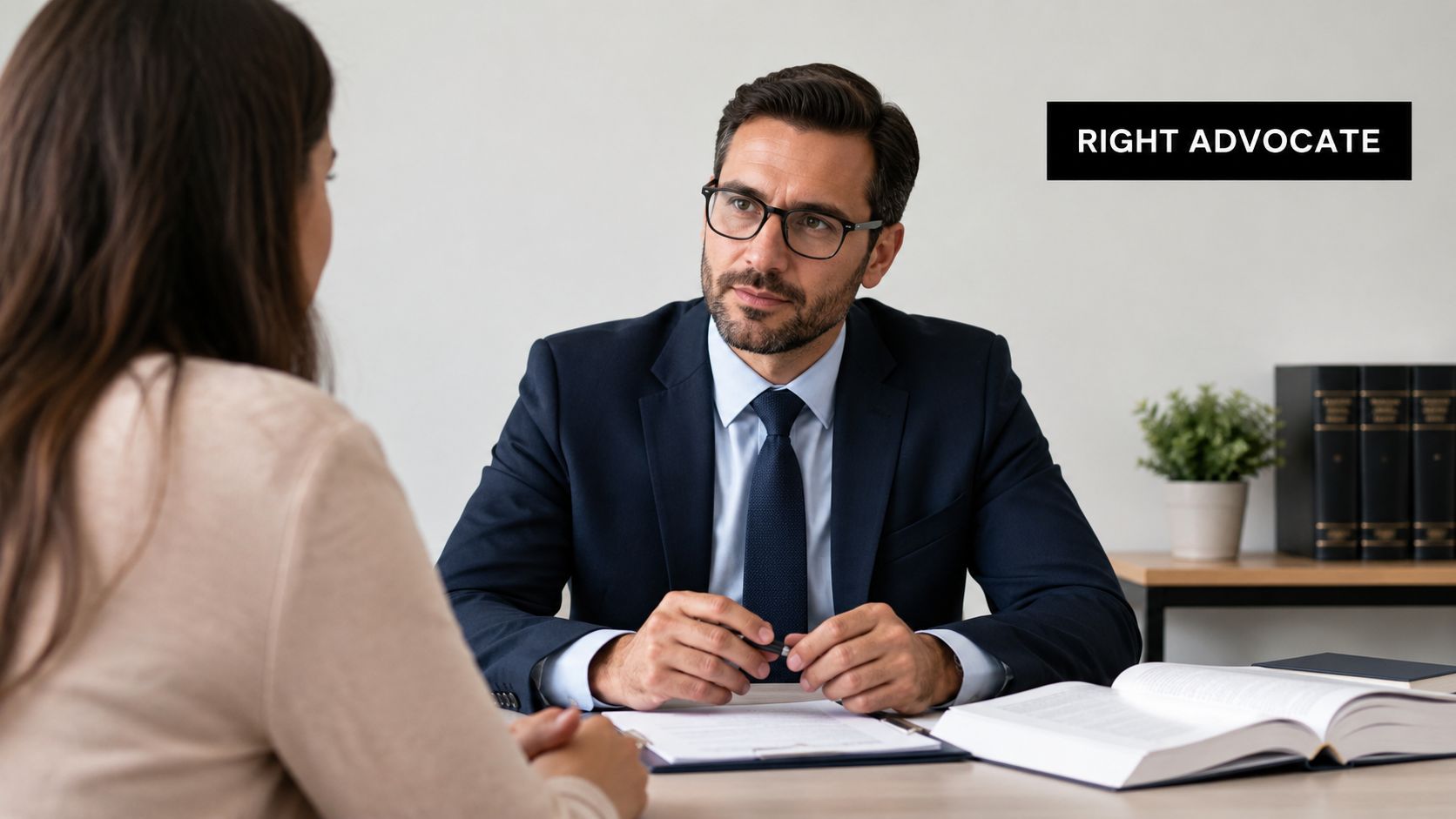 A professional male attorney in a suit consults with a female client in a legal office setting.