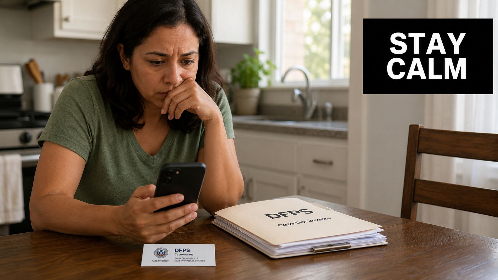 A concerned woman sits at a wooden table looking at her phone next to DFPS case documents.