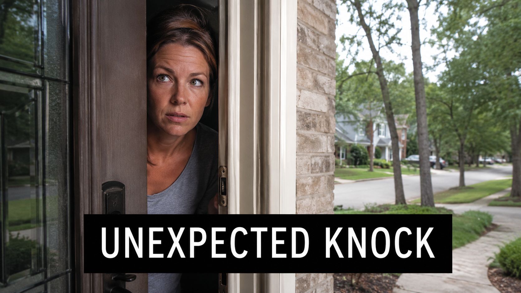 A concerned woman peeks through her front door at a residential neighborhood during an unexpected knock.