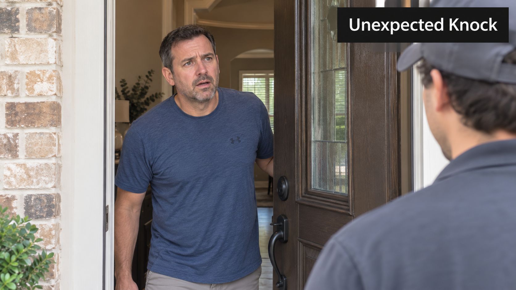 A concerned father opening his front door to an unexpected visitor while standing inside his home.