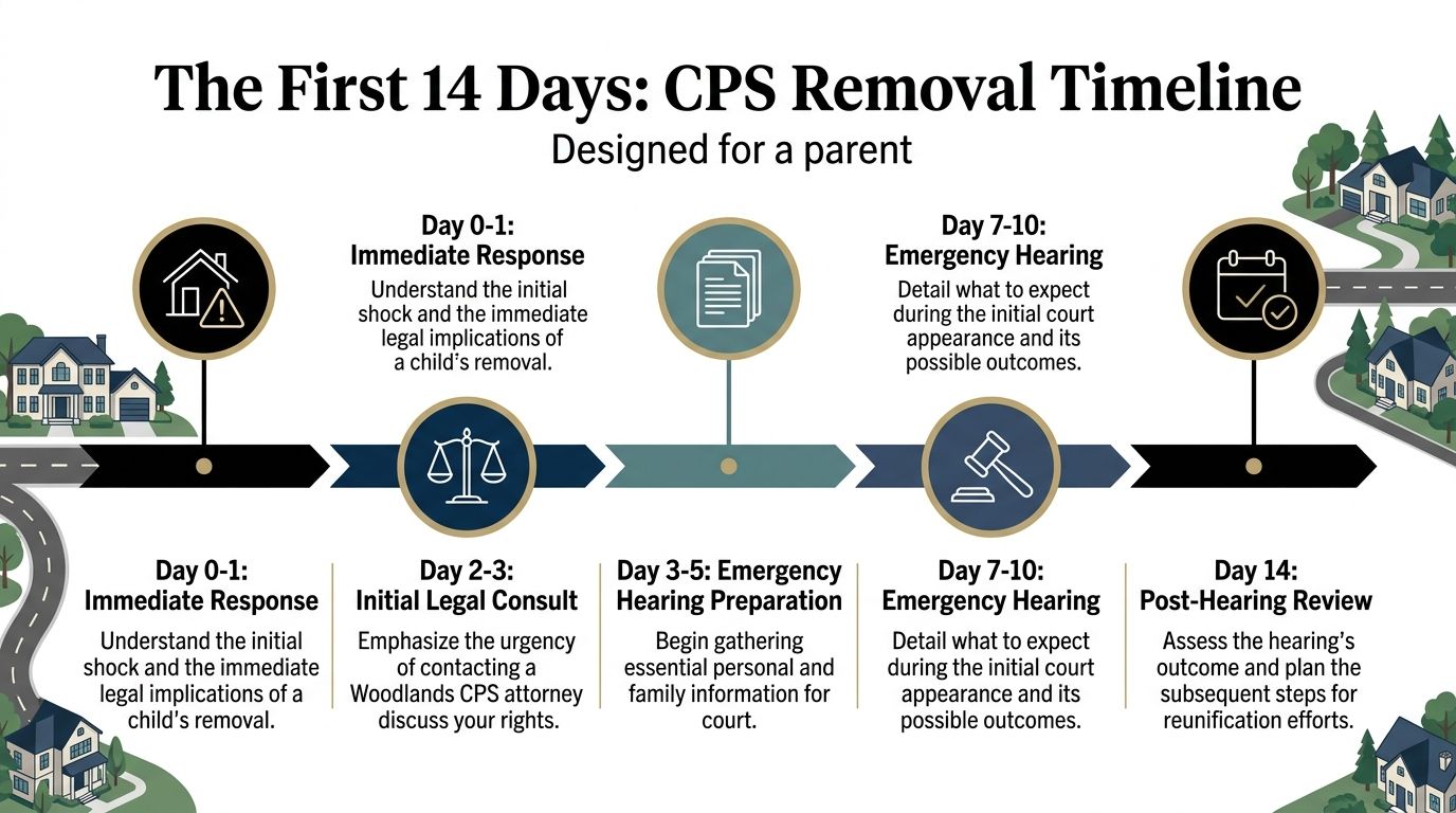 A timeline graphic outlining the critical legal steps for parents during the first 14 days of a CPS removal.