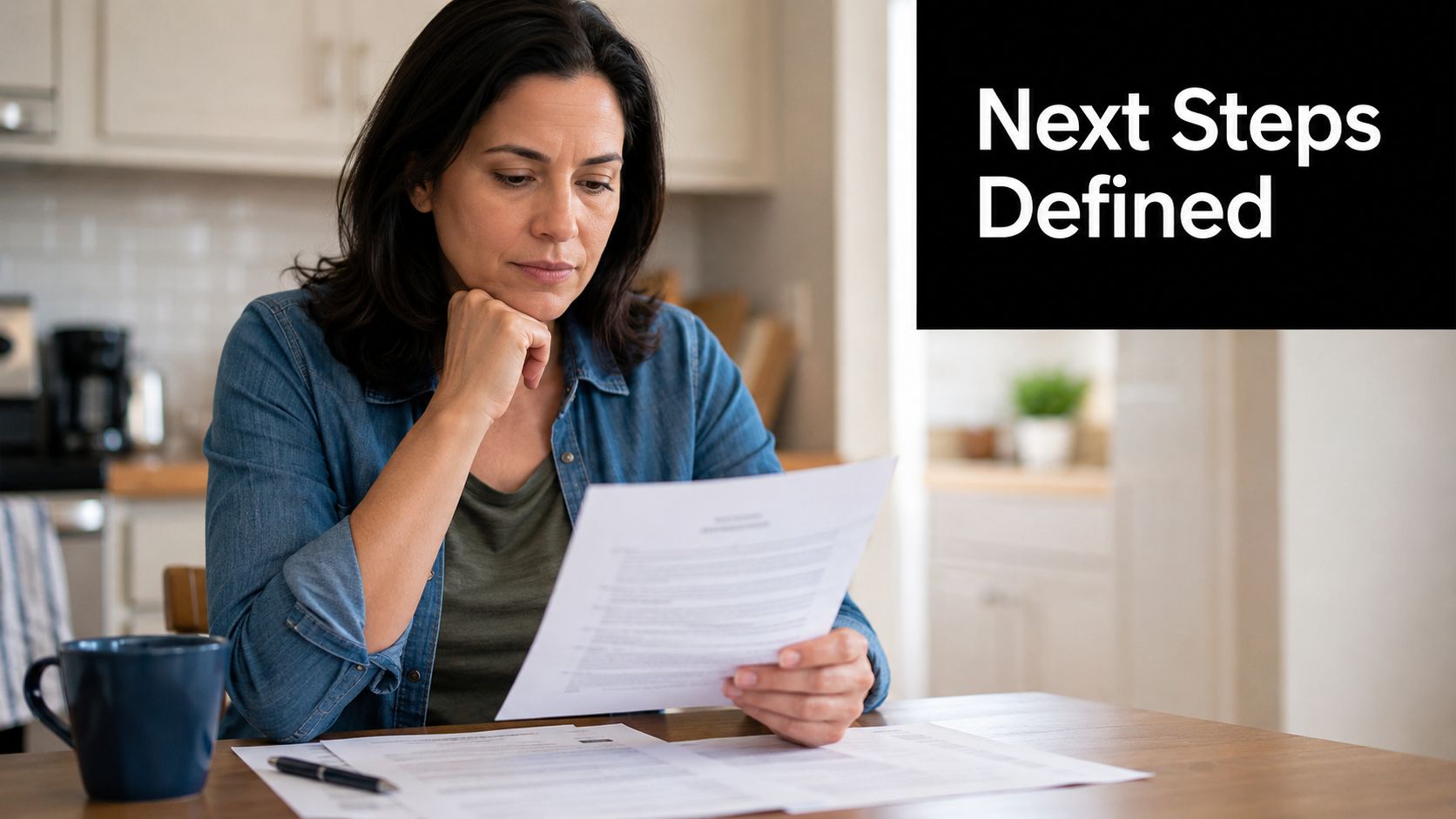 A concerned woman sits at a table reviewing legal documents while contemplating her next steps.
