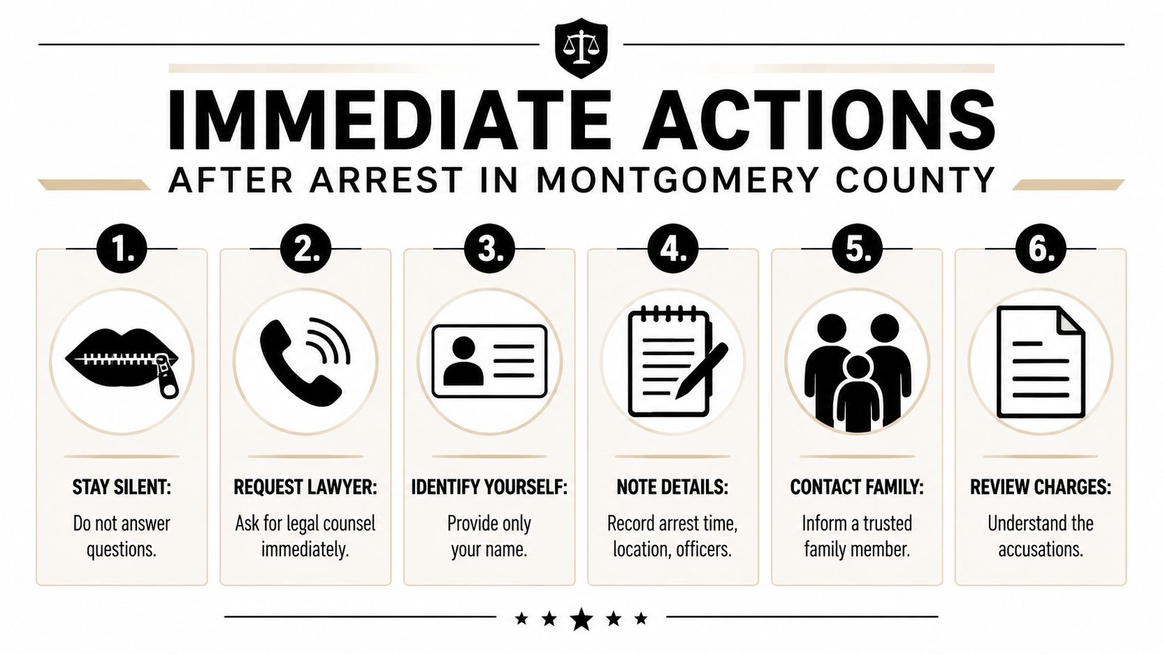 An infographic outlining six immediate steps to take after being arrested in Montgomery County, Texas.
